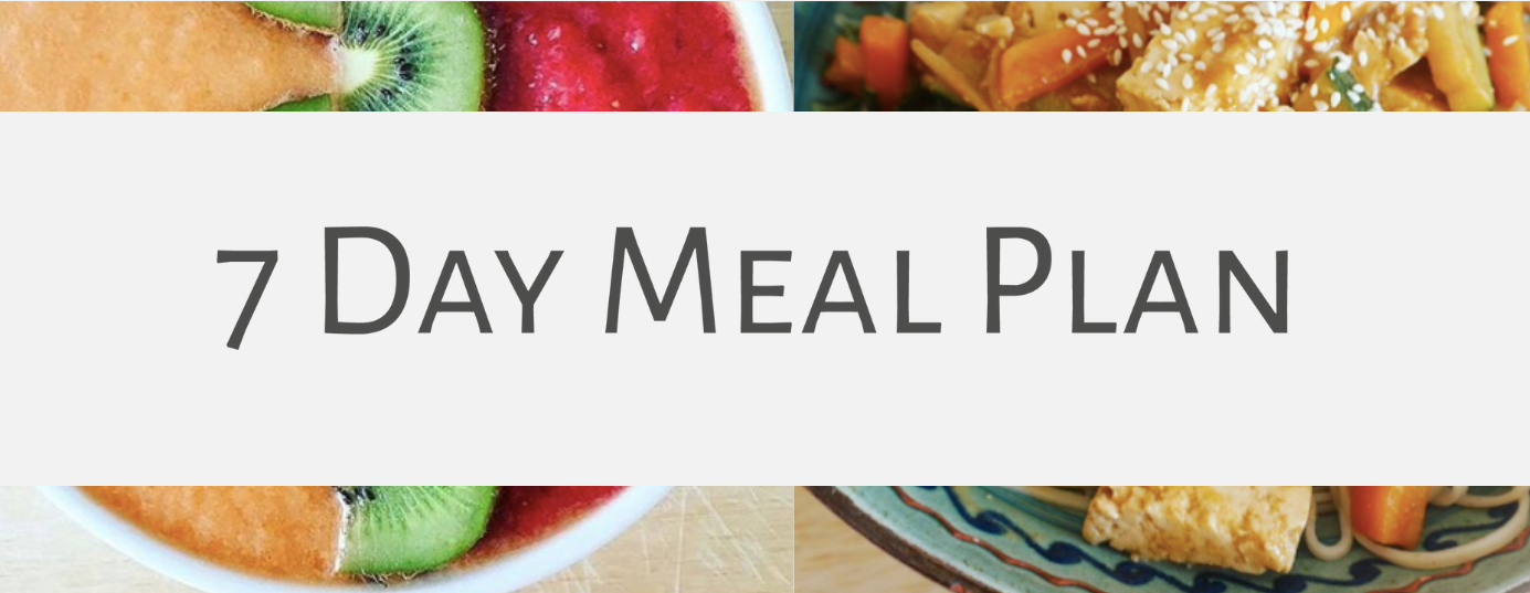 Banner image with food photos and the text "7 day meal plan" overlaying them